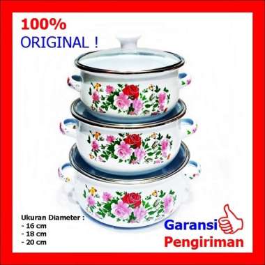 Panci Enamel Set Panci Set Bunga Tutup Kaca 3 Pc Per Set ORIGINAL 100 % Multicolor