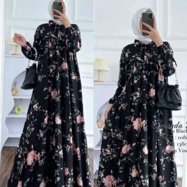 Khawla Flower Dress Wanita Rayon Diamond Gamis Terbaru Lengan Panjang Karet Baju Wanita Kekinian LD 