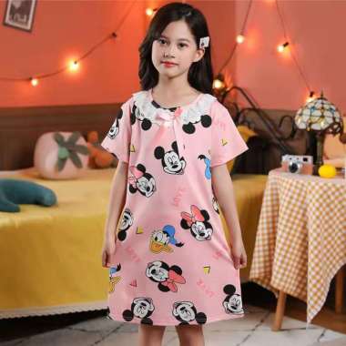 DASTER DRESS IMPORT SPANDEX KOREA ANAK 5-8 TAHUN MOTIF LUCU MURAH PINK MICKEY MINNIE 6-7 tahun