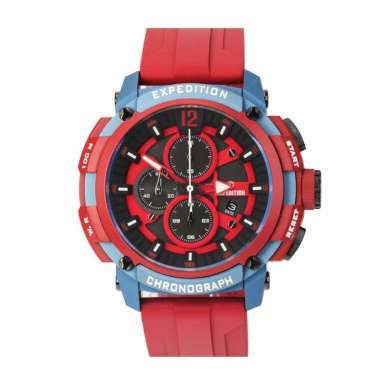 Jam Tangan Pria Expedition Chronograph E 6781 MCRUBBARE Two Tone Dial Red Rubber Strap Red Blue