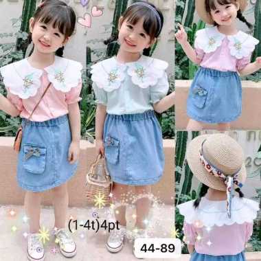 SETELAN ROK JEANS ANAK PEREMPUAN IMPORT LUCU SANTAI setelan baju anak cewek kemeja rok pendek