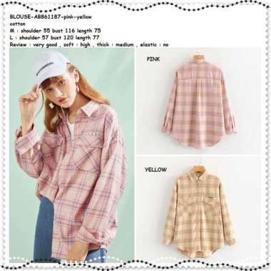 AB861187 Kemeja Kotak Lengan Panjang Wanita Korea Import Pink Yellow
