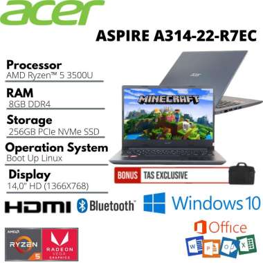 ACER ASPIRE 3 SLIM A314-22-R7EC 14"HD AMD RYZEN 5 SSD 256GB 8GB AMD RADEON VEGA 8 FREE INSTALL WINDO
