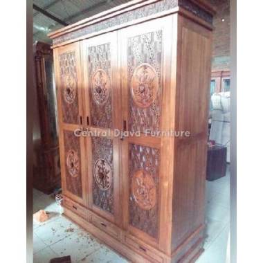 Lemari Pakaian 3 Pintu Ukiran Bunga Minimalis Kayu Jati Almari Jepara -- Coklat