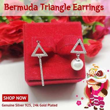 BCA302 PERHIASAN ANTING BERMUDA TRIANGLE PERAK SILVER 925 LAPIS EMAS ASLI ORIGINAL