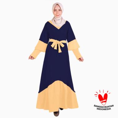 Okechuku HARPERS Long Dress Gamis Maxi Wanita Muslim Kombinasi Warna Navy-Krem