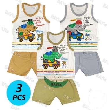 Bayie - 3 Set Setelan Kaos Oblong / Anak Kutung Putih Motif Gajah Makayla Umur 3 - 18 Bulan GAJAH