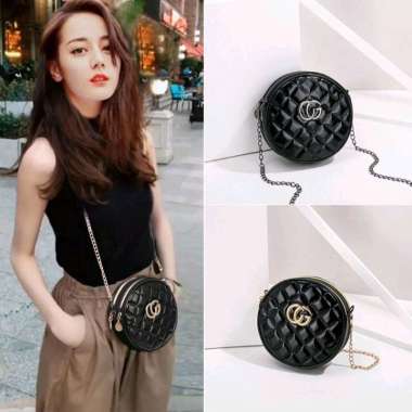 Tas Selempang wanita Full Black Edition New Collection GU Bulat Import