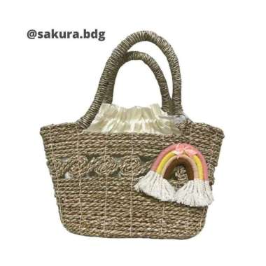 TP6 - Tas anyaman Bali + gantungan kunci pelangi handbag tote tas wanita etnik handmade