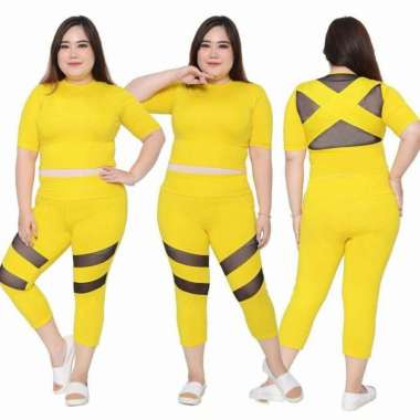 Setelan Leging 3-4 & Crop Tile Jumbo Pakaian Baju Senam Gym Fitness Semua Ukuran Yellow