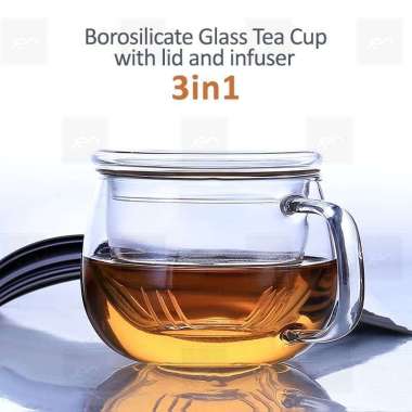 Jen Glass Tea Cup with Infuser and lid Gelas teh dengan tutup dan infuser bening