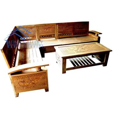 Set perabot Meja Kursi Ruang Tamu motif ukir bahan kayu jati finishing