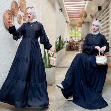 Riana Gamis Wanita Rayon Viscose Premium Dress Wanita Lengan Panjang Ruffle Terompet Longdress Bunga