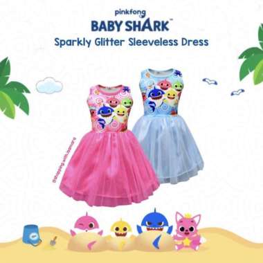 Pinkfong Baby Shark Sparkle Glitter Sleeveless Dress / Gaun Anak Biru Muda - XL