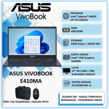 Jual Laptop Asus Vivobook E410 Ma N4020 4 Gb Ssd 256 Gb 64 Gb 14 Hd