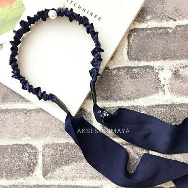Aksesori Maya Bando Kain Aksen Mutiara & Pita Soft Fabric Pearl B Headband Hairband Navy