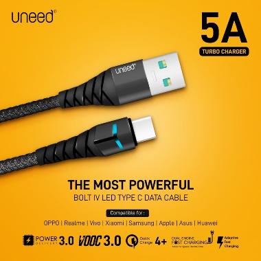 Uneed UCB41C Bolt IV LED Type C Kabel Data [QC 4+/ 3.0/ VOOC Max 5A] BLACK