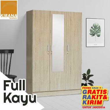 FULL KAYU - Kirana Lemari Pakaian Wanaka 3 Pintu Cermin - SC - sonoma cream JABODETA