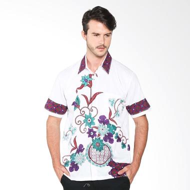 Batik Distro K7890 Katun Bunga Kemeja Pria - Putih