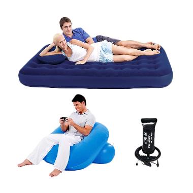 Bestway Kasur Double - Biru with Sofa Angin Nestair and Pompa Angin