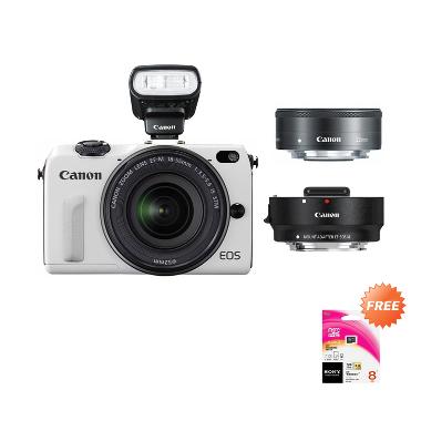 Canon EOS M2 kit III 18-55mm + 22mm + 90EX + Adapter Kamera Mirrorless - Putih + Free Memory Sony 8 GB
