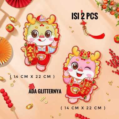 Tempelan Imlek Naga 2024 Fu Hiasan Dinding Wallsticker Segi 3D Shio Naga Dekorasi Pintu Sticker Fuk