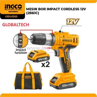 INGCO CIDLI1222 MESIN BOR IMPACT CORDLESS BOR BATERAI 12V IMPACT DRILL
