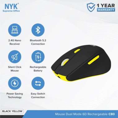 NYK Mouse C80 White Black Dual Mode Bluetooth Wireless Rechargeable Black Yellow