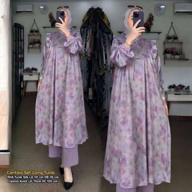 Cantika Set Long Tunik - One Set Wanita Long Tunik Silk Premium Setelan Wanita Kekinian Ruffle Lenga