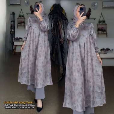 Cantika Set Long Tunik - One Set Wanita Long Tunik Silk Premium Setelan Wanita Kekinian Ruffle Lenga