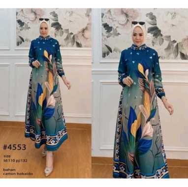 Baju Muslim Terbaru Dress Muslimah Wanita Gamis Katun Bangkok Bunga Agnia Biru