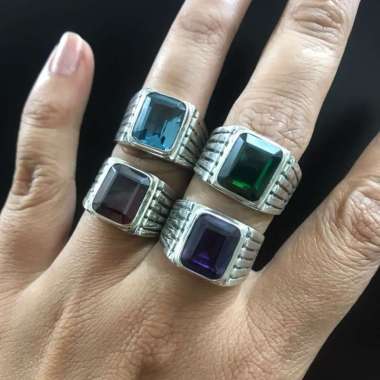 Cincin Ring Perak Silver bali 925 Ukir Garis Polos Simple Kotak Batu Natural pria wanita custom Eleg