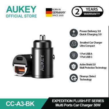 AUKEY Car Charger 30W USB C & USB A PD 3.0 QC 3.0 Multi Port CC-A3