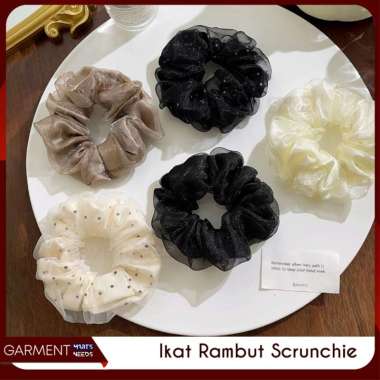 Srunchie Kain Tile Gaya Wanita Korea Motif Polos Polkadot Ikat Rambut Fashion Vintage Karet Anti Mel