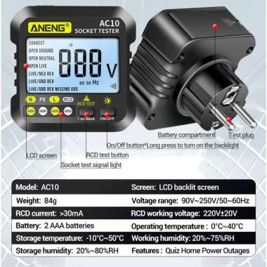 Stop kontak Voltage Tester RCD Check 10 A/16 A Detector Grounding Wire - AC10 - Black