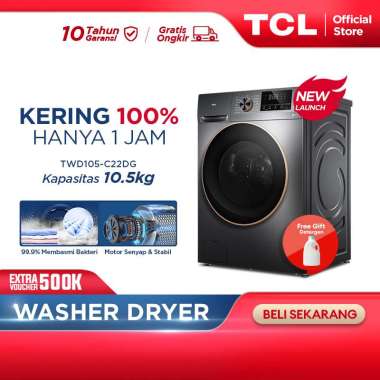 TCL Mesin Cuci Front Loading Washer Dryer 10.5 kg - 100% Kering - Bakteri Hilang 99% - 16 Mode Cuci 