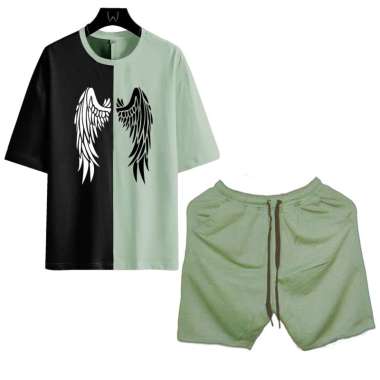 MILLION-Setelan Baju Kaos Angel Wings Kombinasi Lengan Pendek Dan Celana Pendek Polos Pria Sage(SAGE