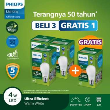 Beli 3 Gratis 1 Philips Lampu Bohlam LED Ultra Efficient 4W 27K Warm White
