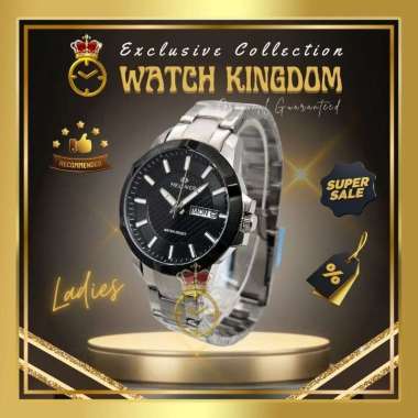 Jam Tangan Hegner Wanita Kalender Hari Tanggal Water Resistant Tali Rantai Silver Black Hitam Arloji