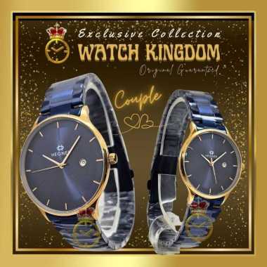Jam Tangan Couple Pria Wanita Slim Water Resistant Hegner Tanggal Tali Stainless Biru Blue Navy Arlo