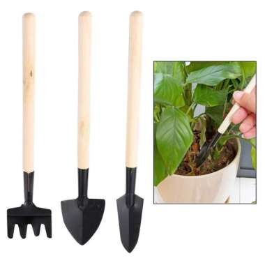 Set 3in1 Sekop Garpu Cangkul Mini Alat Berkebun Kecil gagang kayu Tanaman Pot Kaktus Taman Kebun Bun