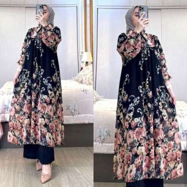 Alenka Set - One Set Wanita Long Tunik Ceruty Babydoll Premium Setelan Wanita Kekinian Celana Kulot 