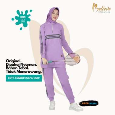 BELIVE Setelan Baju Olahraga Wanita Dewasa One Set Sporty Muslimah BMS-33 S Ungu Muda