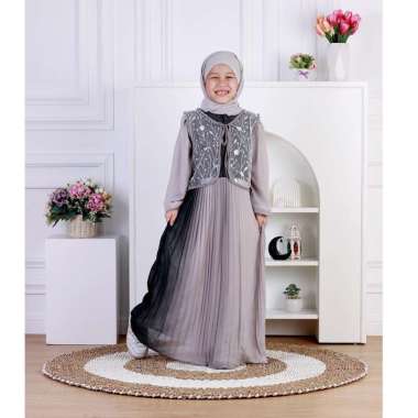 Dungdungkids Gamis Anak Moreen Ceruty Babydoll Plisket Rompi Tile Bordir Free Pashmina 3 - 12 Tahun 