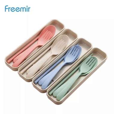 Sendok Garpu Sumpit Set Plastik Travel Cutlery + Case / Tempat / Kotak Beige