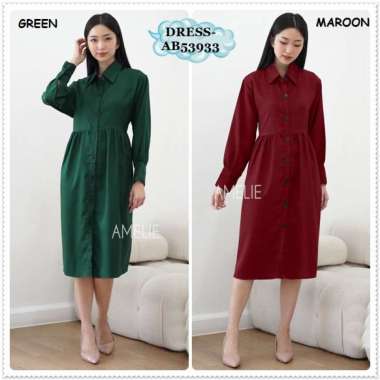 AB53933 Midi Dress Kemeja Lengan Panjang Wanita Korea Import Tunik Merah Maroon Red Emerald Green Hi