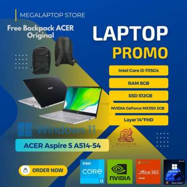 New ACER Aspire 5 A514-54 i3 1115G4 RAM 8GB/SSD 512GB Layar 14"FHD NVIDIA GeForce MX350 2GB