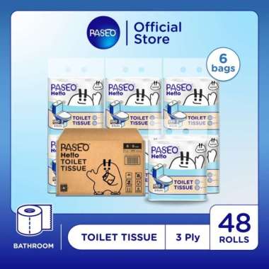 Karton - Paseo Hello Bathroom Roll Tissue Emboss / Tisu Toilet Gulung Flushable 3 ply 8 rolls [6 Pcs