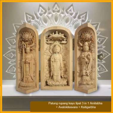 Patung Rupang Kayu Lipat 3 in 1 Amitabha & Avalokitesvara & Ksitigarbha