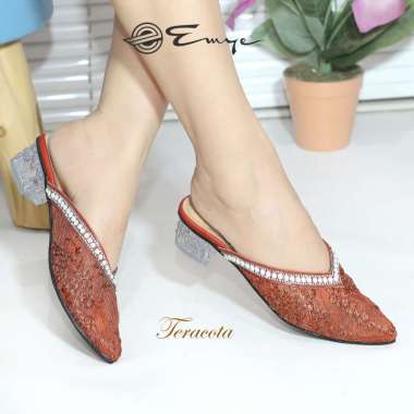 Emye - Sandal Mules Pesta Wanita Hak Kaca 4cm Brukat Payet Mutiara Transparan Hak Tahu Kaca Untuk We